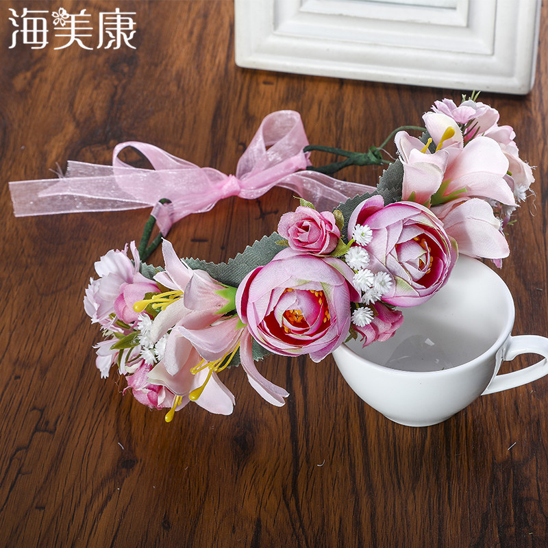 Haimeikang 새로운 로맨틱 비치 여성 꽃 크라운 헤어 밴드 신부 머리띠 화환 Boho 꽃 리본 웨딩 헤어 액세서리